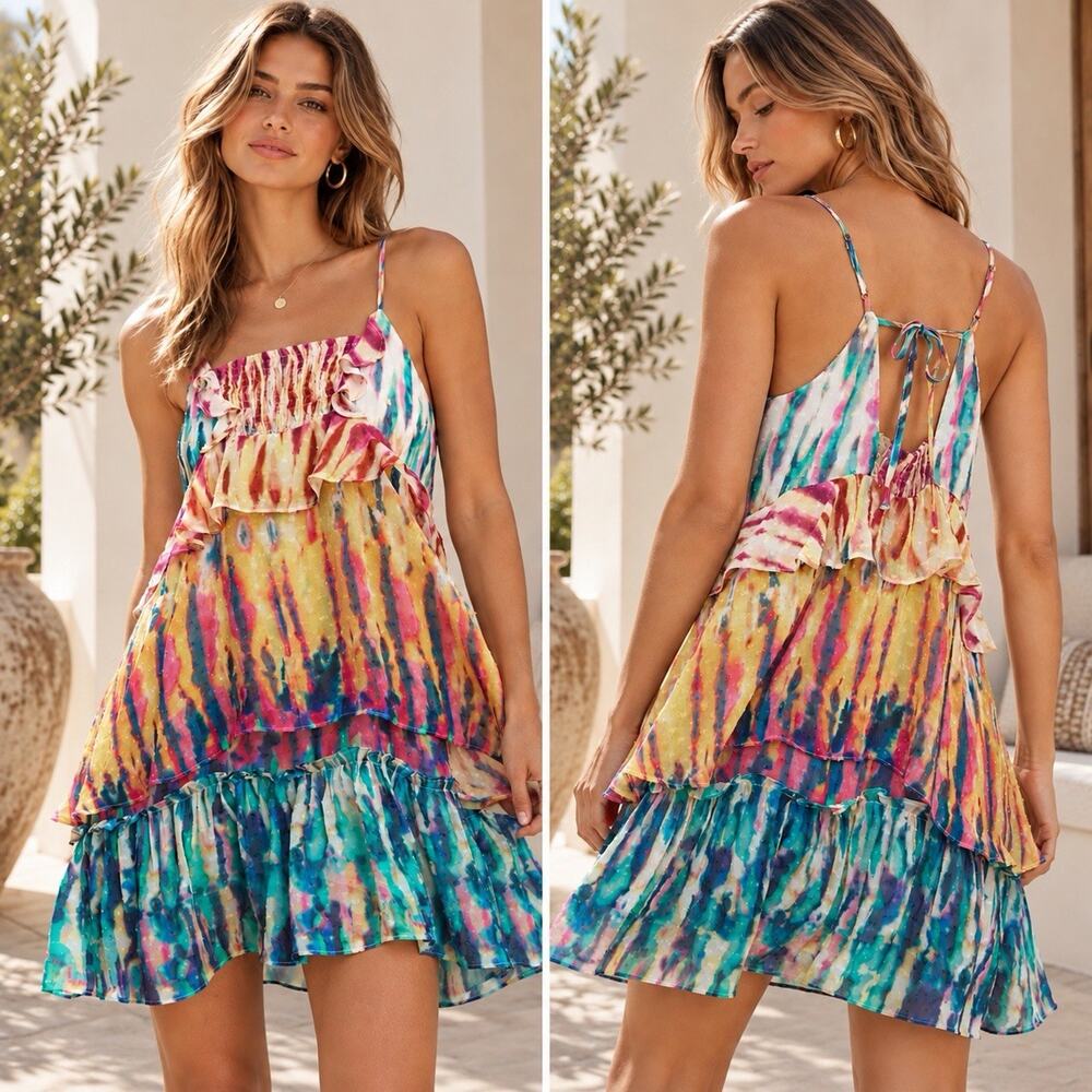 NWT Anthropologie Tiered Ruffle Dress M Multicolor Mini Smocked Boho Festival